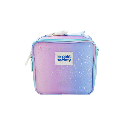 A thermal mini lunch bag in an ombre purple and blue galaxy design.