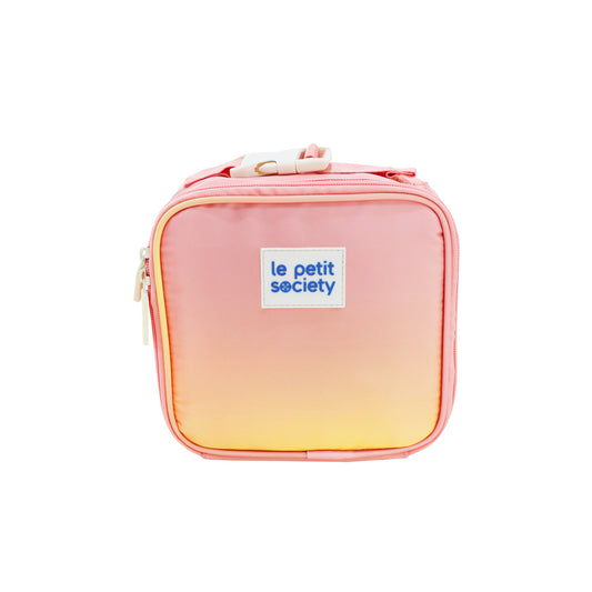 A thermal mini lunch bag in an ombre pink and yellow design.