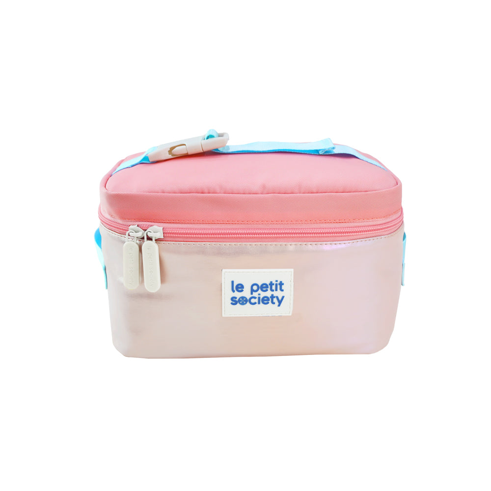 A thermal lunch bag in an iridescent pink design.