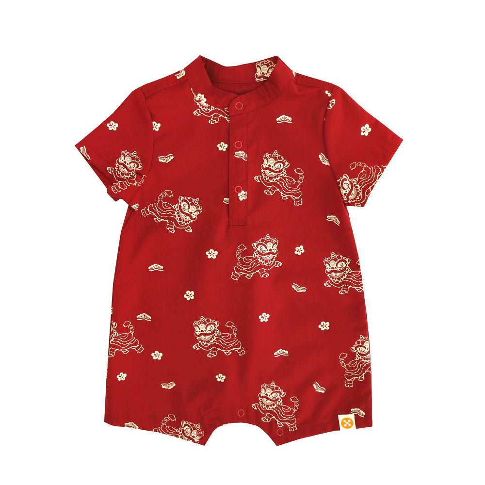 Lion Dance Series - Baby Boy Shirt Romper in Red Lion Print by Le Petit Society — image 4