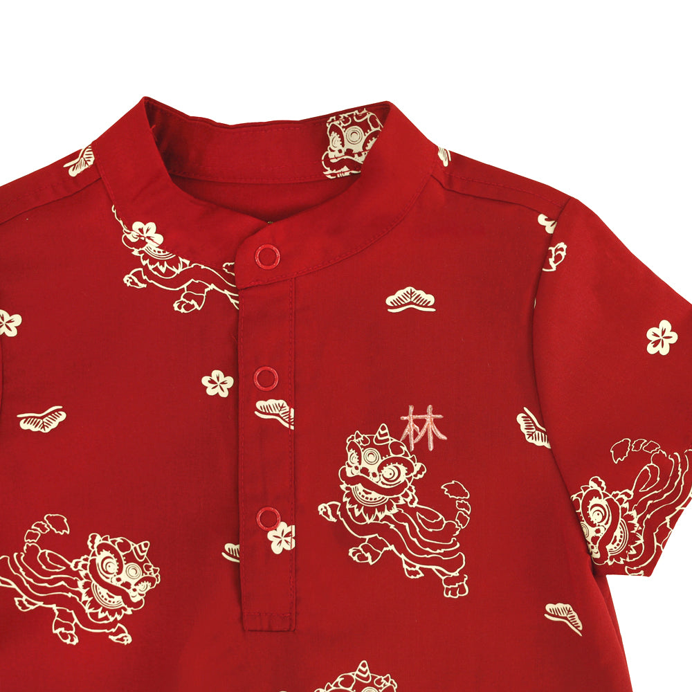 Lion Dance Series - Baby Boy Shirt Romper in Red Lion Print by Le Petit Society — image 3