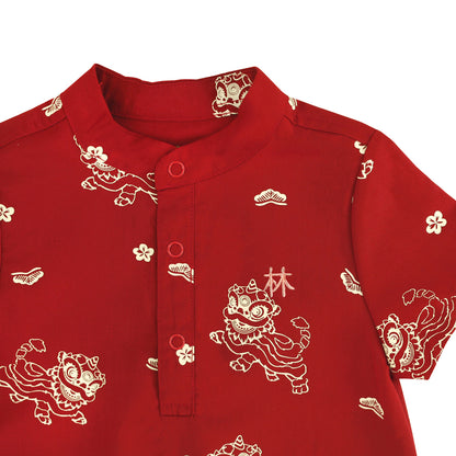 Lion Dance Series - Baby Boy Shirt Romper in Red Lion Print by Le Petit Society — image 3