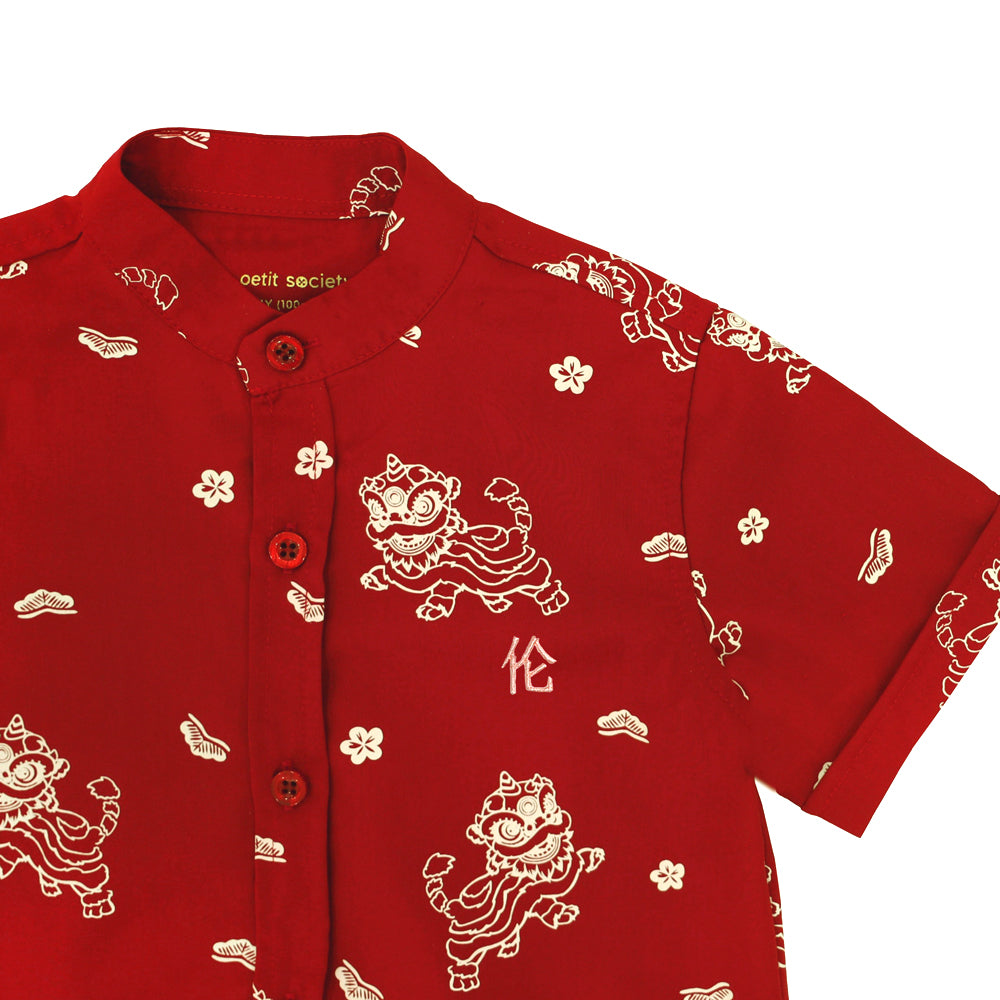 Lion Dance Series - Boys Shirt in Red Lion Print by Le Petit Society — image 4