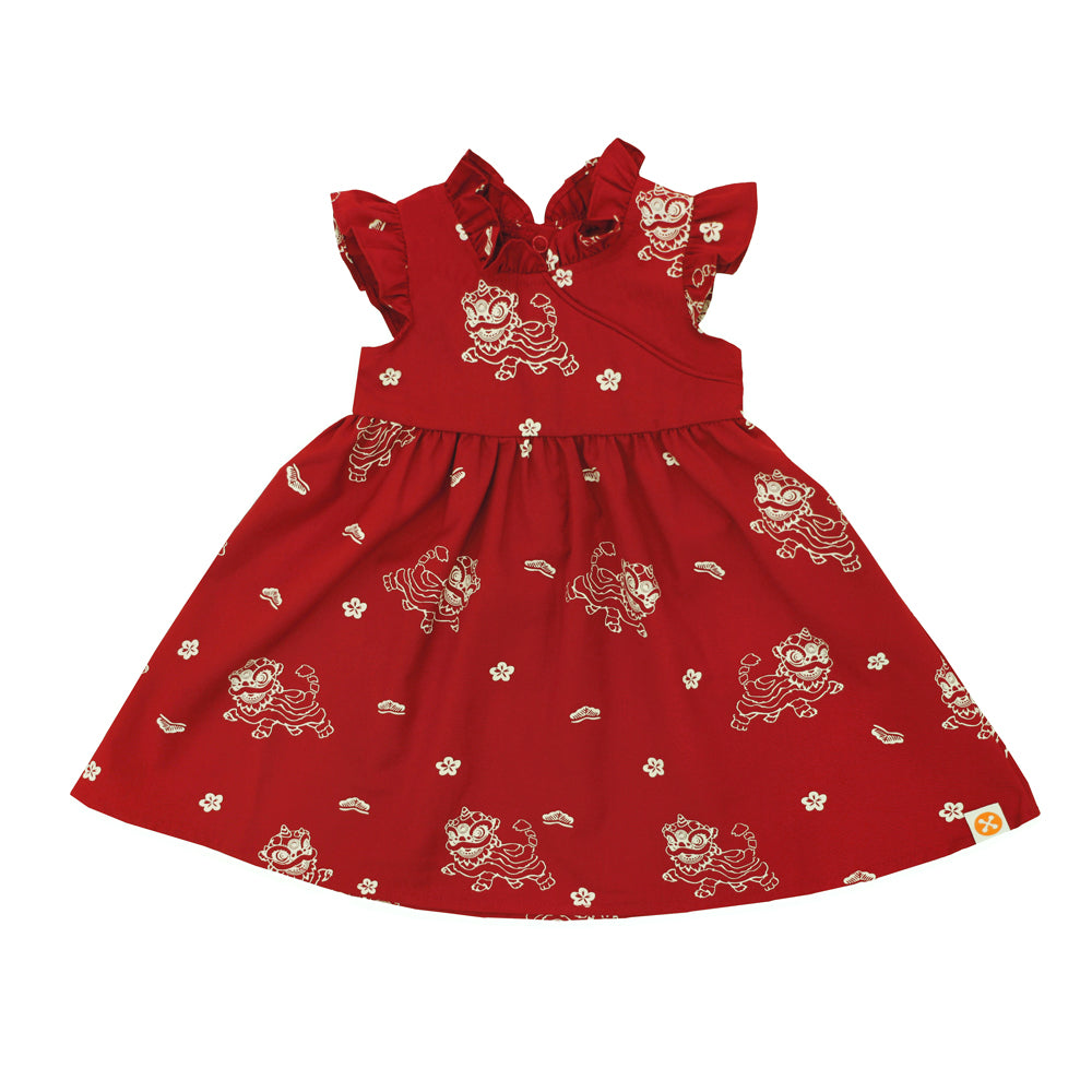 Lion Dance Series - Baby Girl Cheongsam in Red Lion Print by Le Petit Society — image 4