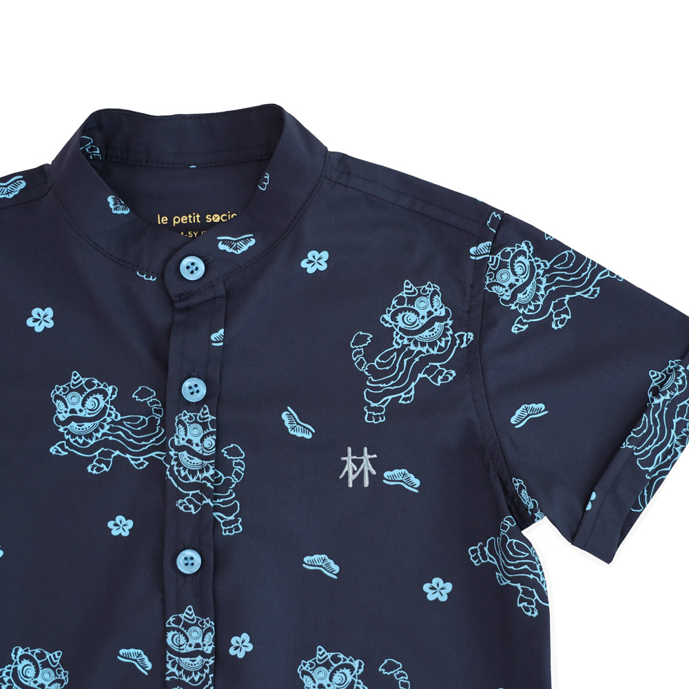Lion Dance Series - Boys Shirt in Navy Lion Print by Le Petit Society — image 5