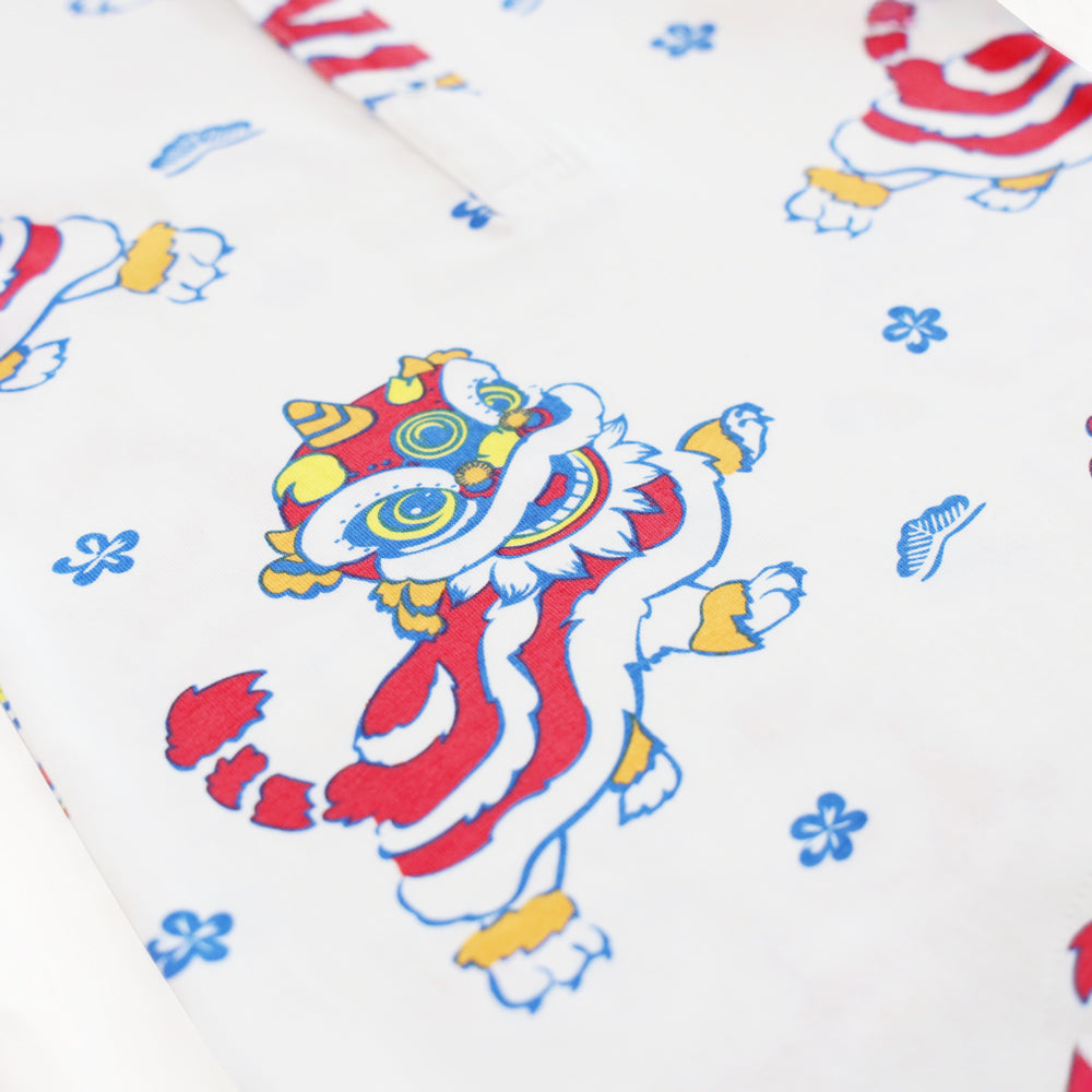 Lion Dance Series - Baby Boy Shirt Romper in White Lion Print by Le Petit Society — image 6