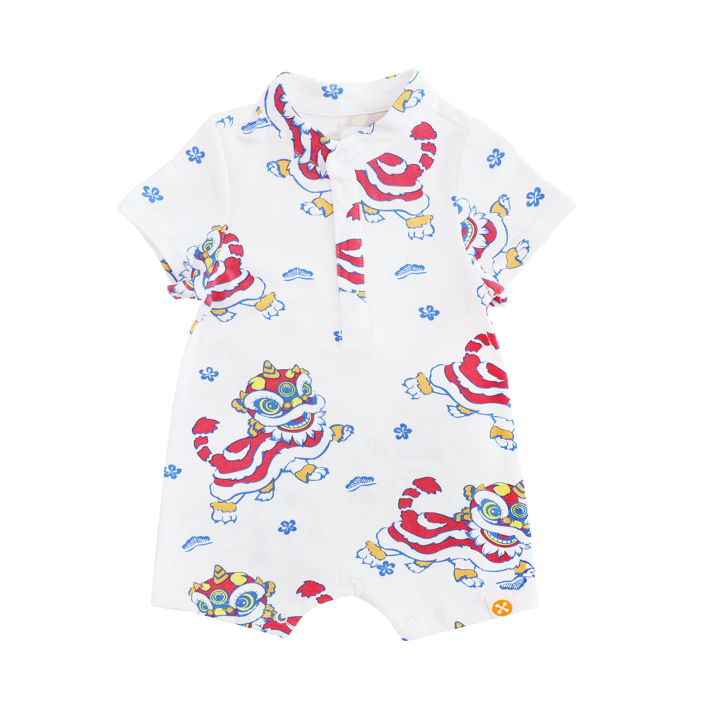 Lion Dance Series - Baby Boy Shirt Romper in White Lion Print by Le Petit Society — image 2
