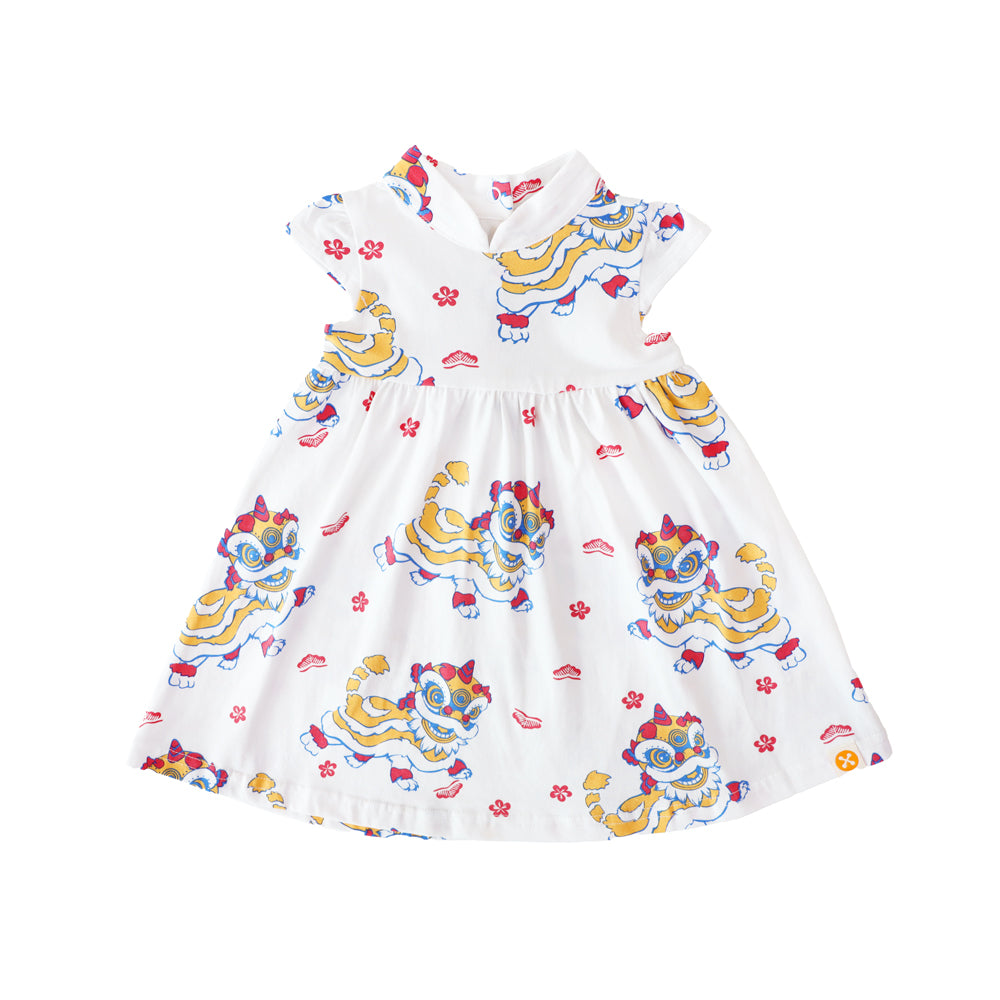 Lion Dance Series - Baby Girl Cheongsam in White Lion Print by Le Petit Society — image 5