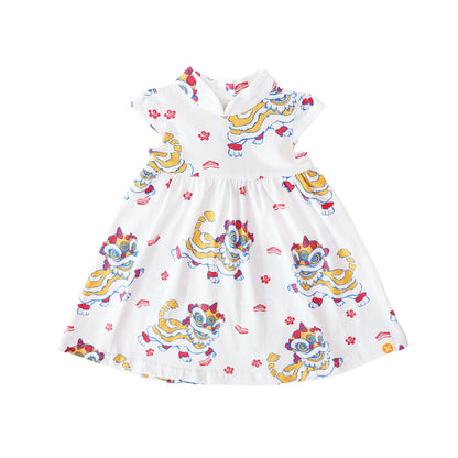 Lion Dance Series - Baby Girl Cheongsam in White Lion Print by Le Petit Society — image 5