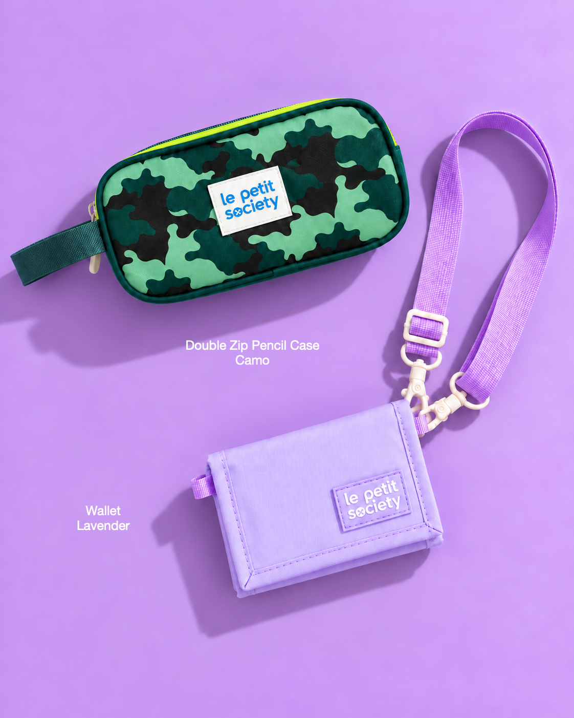 Petit Pair bundle: Double Zip Pencil Case in Camo and Wallet in Lavender