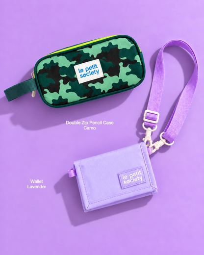 Petit Pair bundle: Double Zip Pencil Case in Camo and Wallet in Lavender
