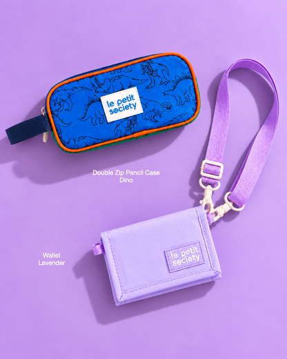 Petit Pair bundle: Double Zip Pencil Case in Dino and Wallet in Lavender