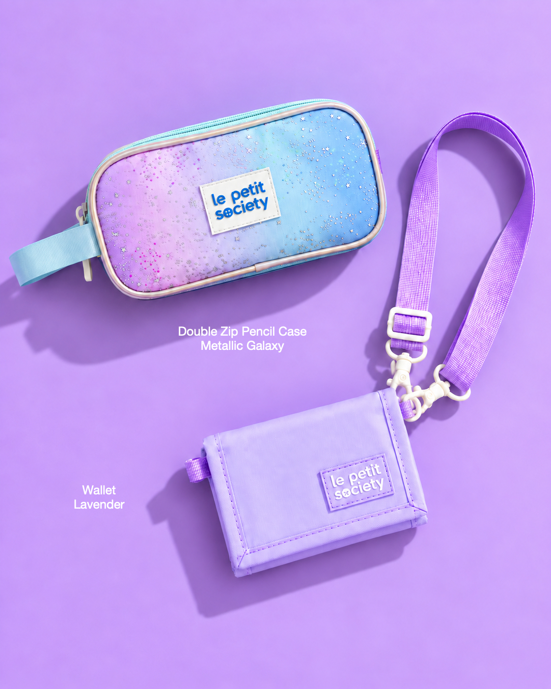 Petit Pair bundle: Double Zip Pencil Case in Metallic Galaxy and Wallet in Lavender