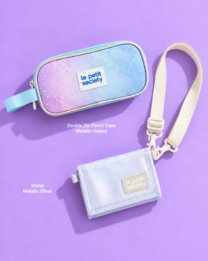 Petit Pair bundle: Double Zip Pencil Case in Metallic Galaxy and Wallet in Metallic Silver