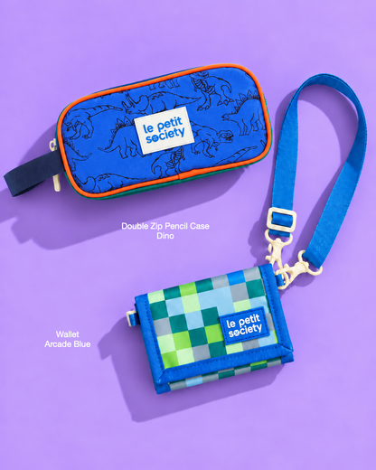 Petit Pair bundle: Double Zip Pencil Case in Dino and Wallet in Arcade Blue
