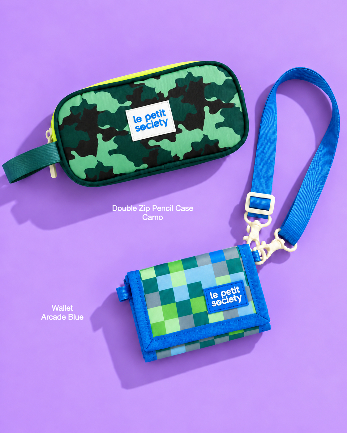 Petit Pair bundle: Double Zip Pencil Case in Camo and Wallet in Arcade Blue