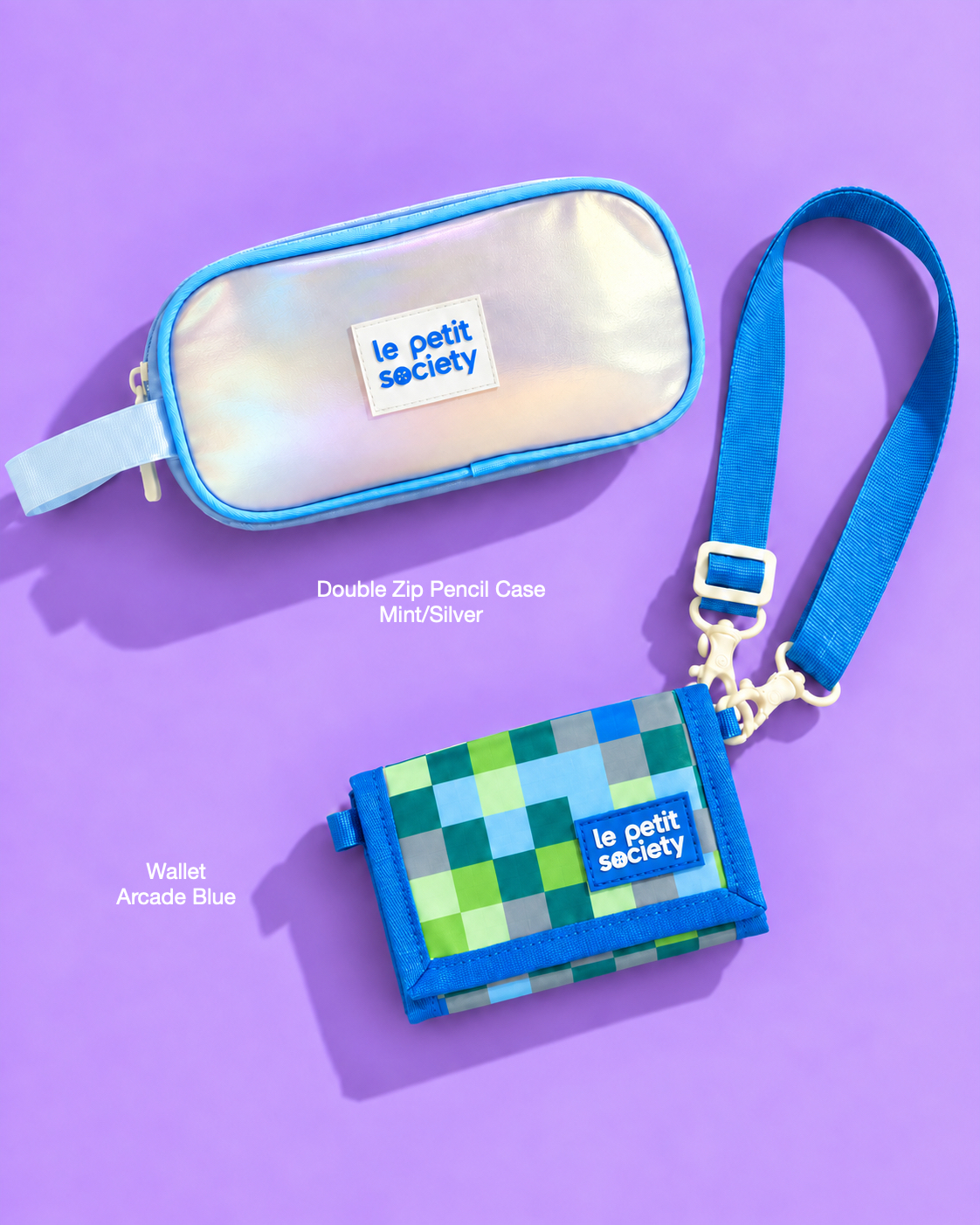 Petit Pair bundle: Double Zip Pencil Case in Mint/Silver and Wallet in Arcade Blue