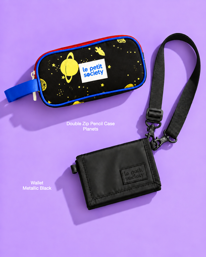 Petit Pair bundle: Double Zip Pencil Case in Planets and Wallet in Metallic Black