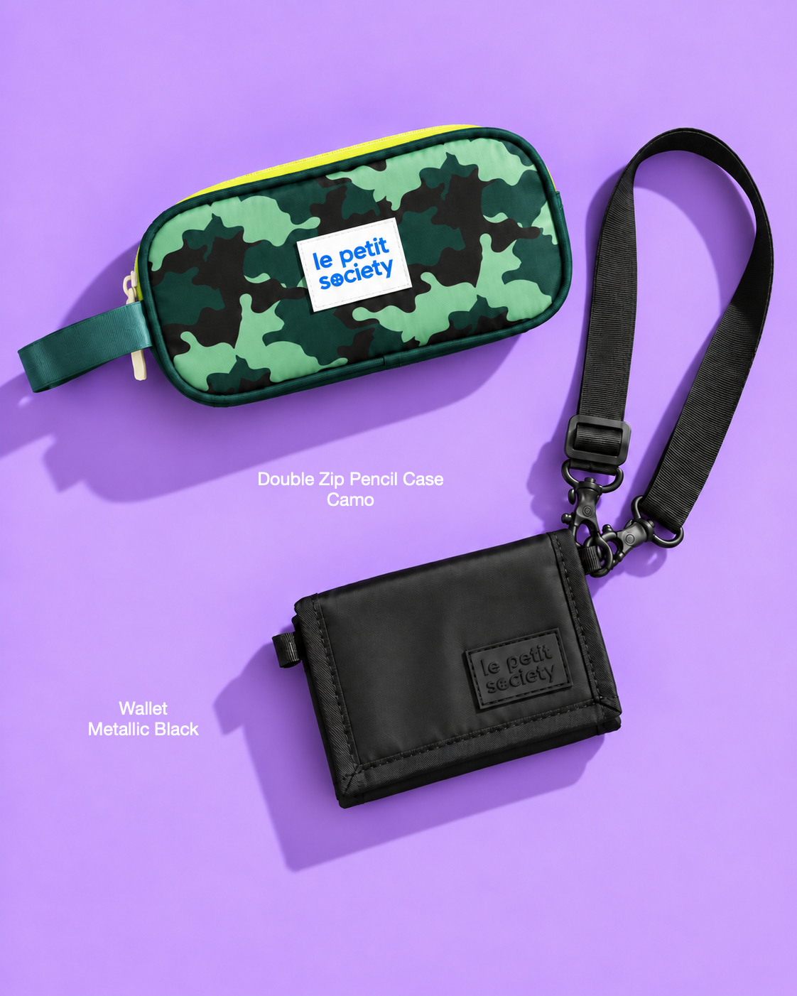 Petit Pair bundle: Double Zip Pencil Case in Camo and Wallet in Metallic Black
