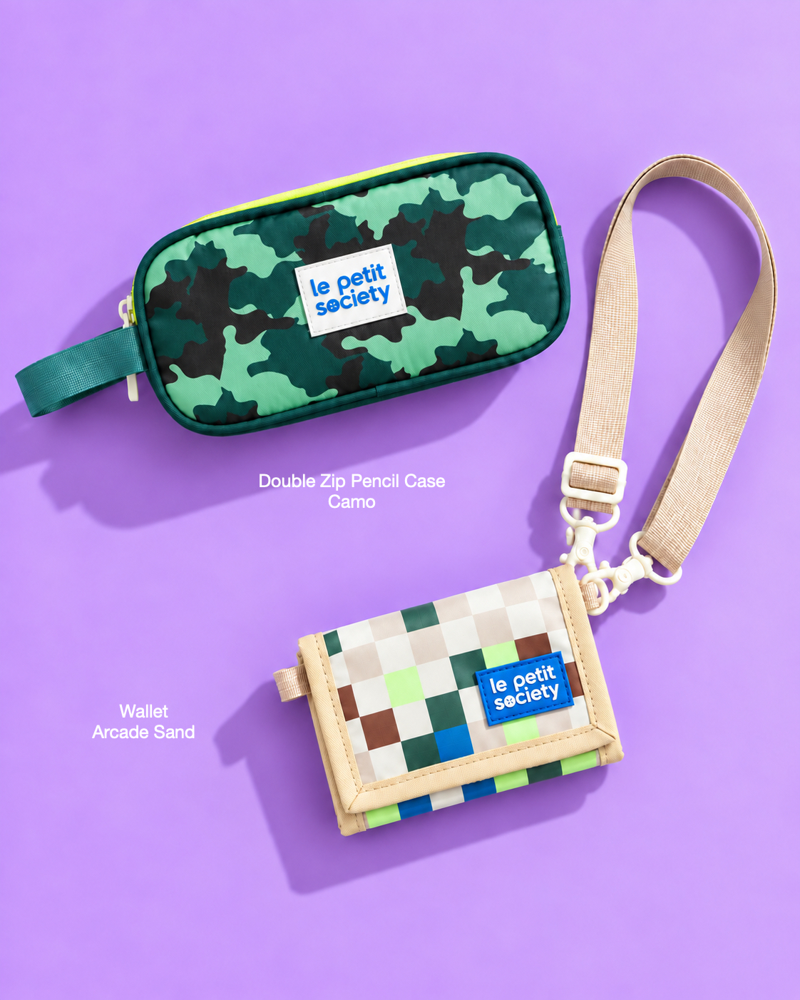 Petit Pair bundle: Double Zip Pencil Case in Camo and Wallet in Arcade Sand