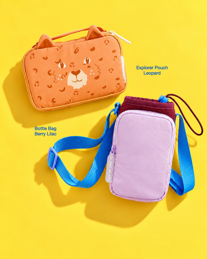 Petit Pair bundle: Explorer Pouch in Leopard and Bottle Bag in Berry Lilac