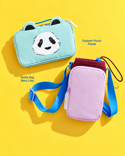 Petit Pair bundle: Explorer Pouch in Panda and Bottle Bag in Berry Lilac
