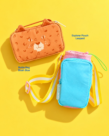 Petit Pair bundle: Explorer Pouch in Leopard and Bottle Bag in Blush Blue