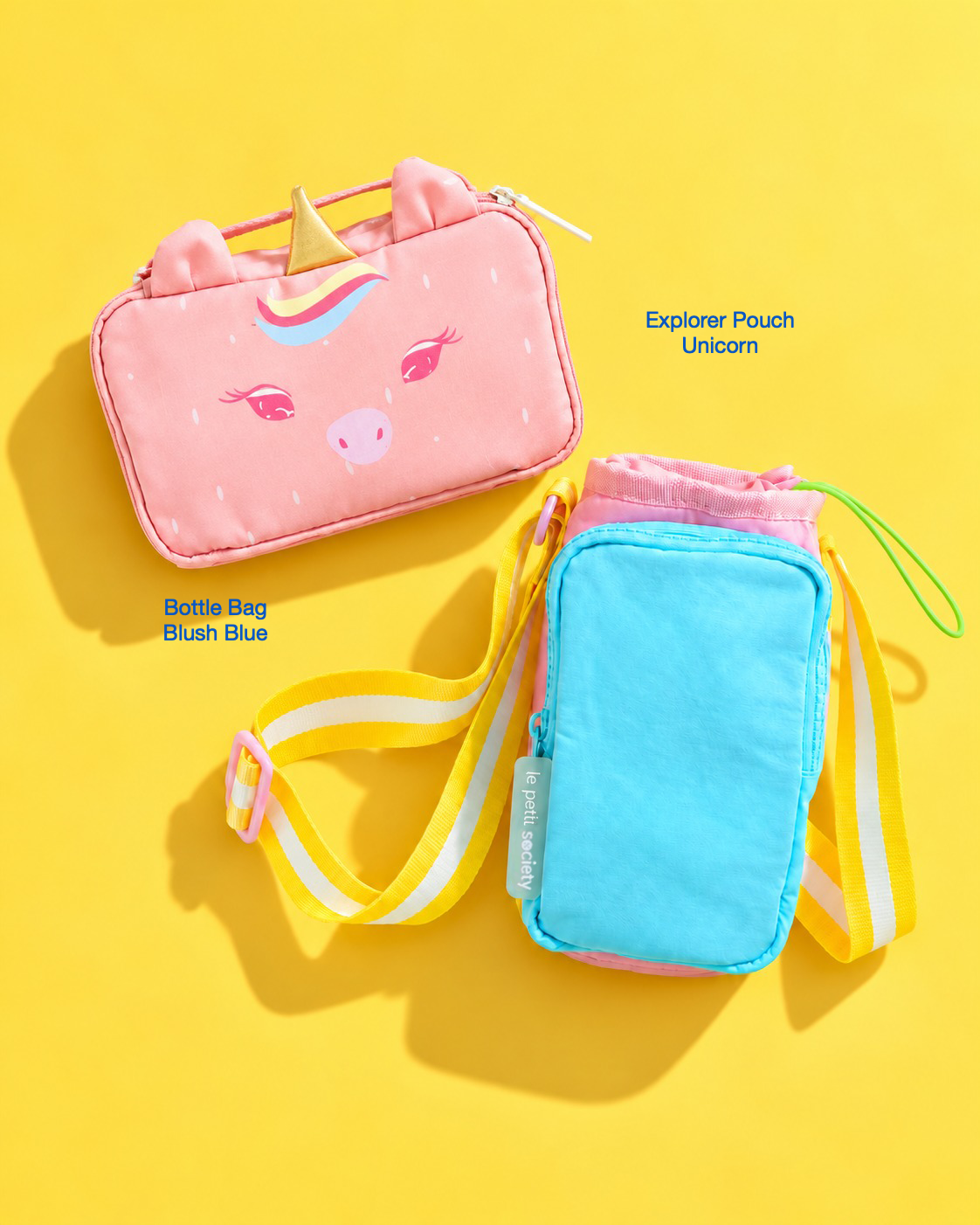Petit Pair bundle: Explorer Pouch in Unicorn and Bottle Bag in Blush Blue