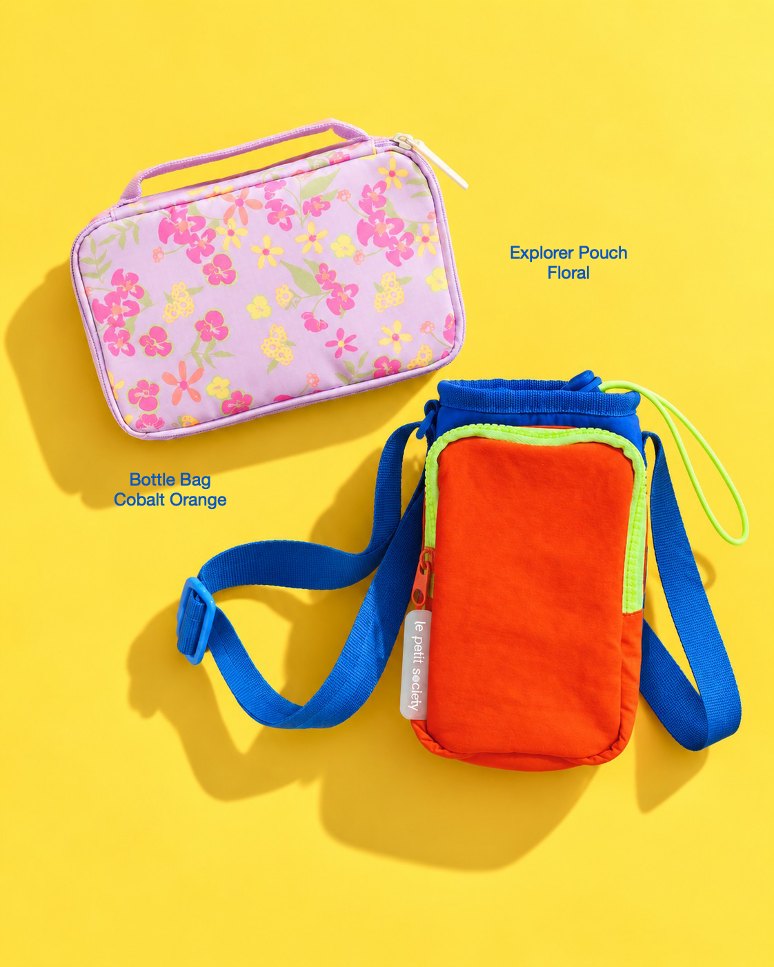 Petit Pair bundle: Explorer Pouch in Floral and Bottle Bag in Cobalt Orange