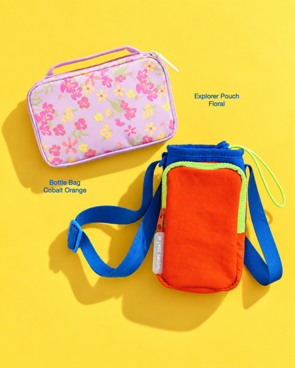 Petit Pair bundle: Explorer Pouch in Floral and Bottle Bag in Cobalt Orange