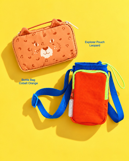 Petit Pair bundle: Explorer Pouch in Leopard and Bottle Bag in Cobalt Orange