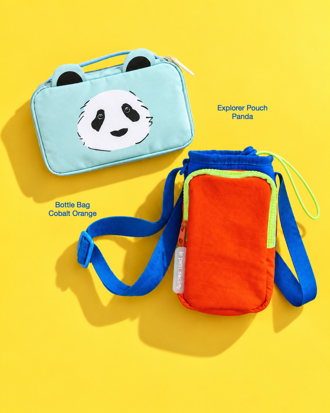 Petit Pair bundle: Explorer Pouch in Panda and Bottle Bag in Cobalt Orange