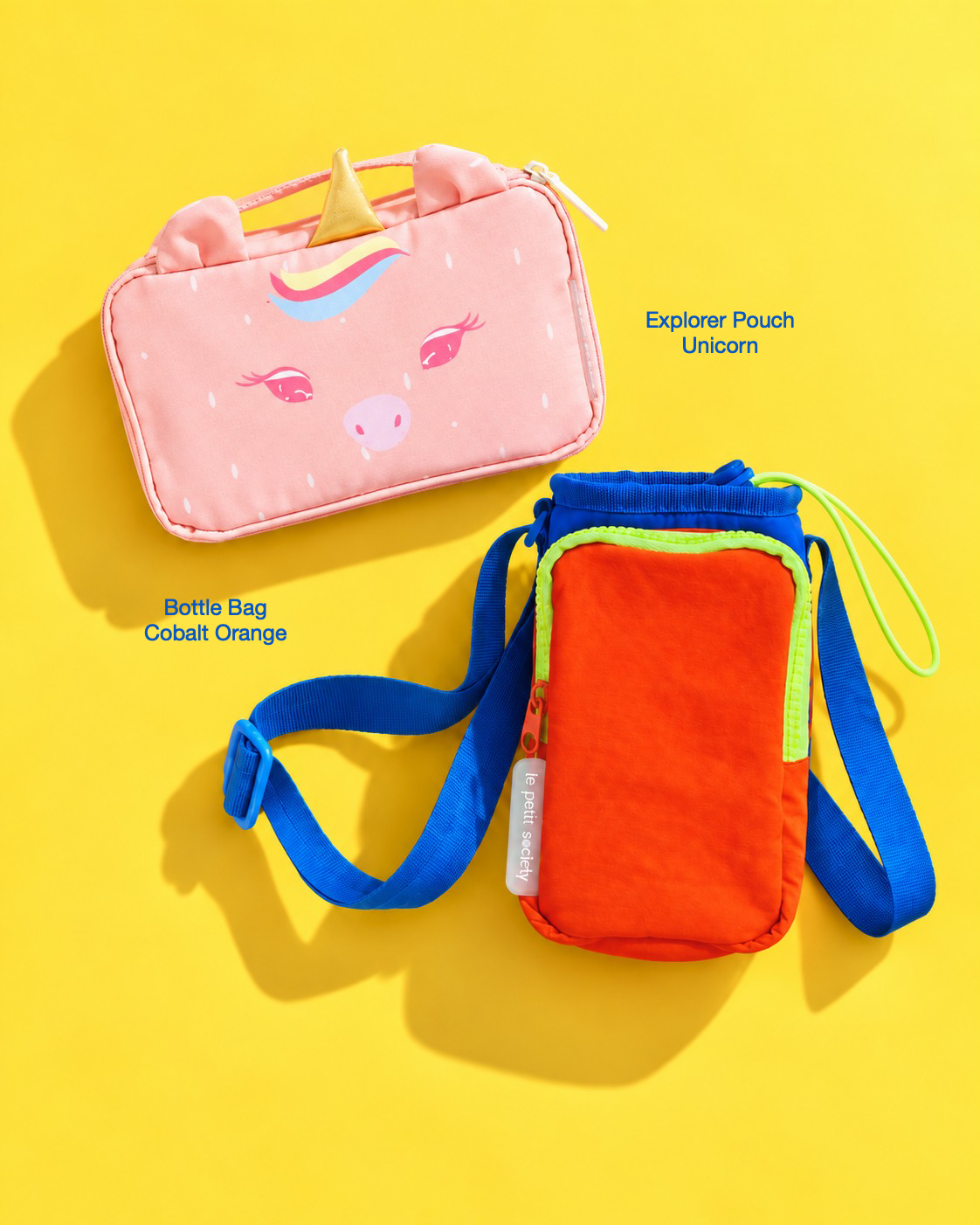 Petit Pair bundle: Explorer Pouch in Unicorn and Bottle Bag in Cobalt Orange