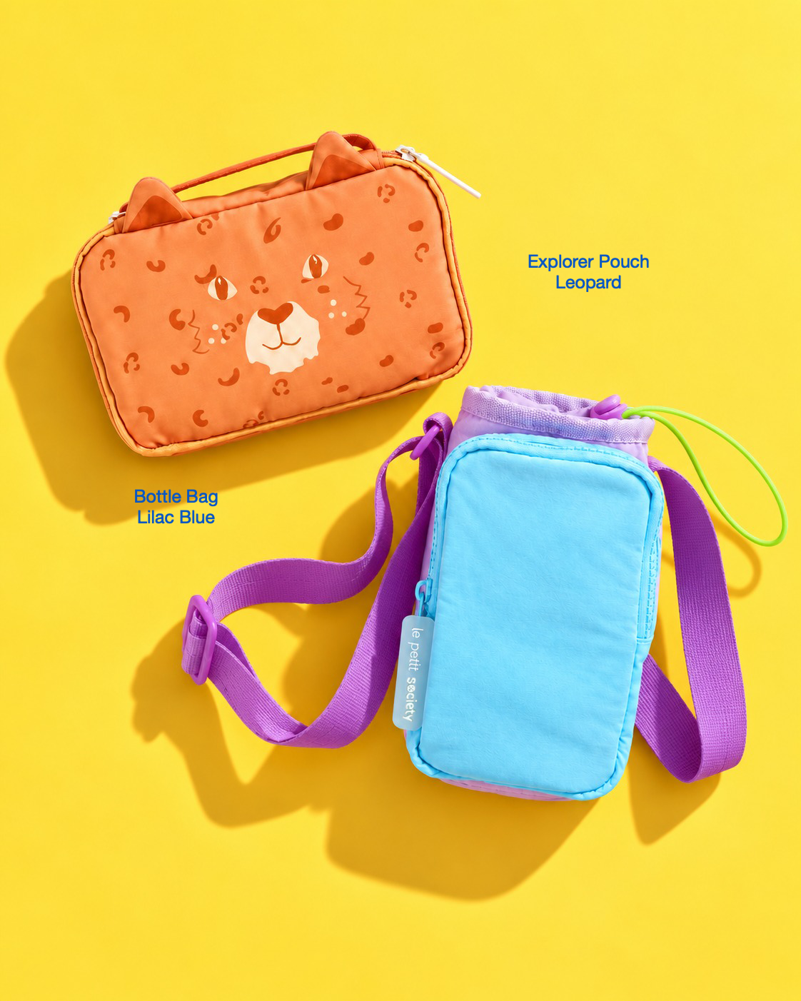 Petit Pair bundle: Explorer Pouch in Leopard and Bottle Bag in Lilac Blue