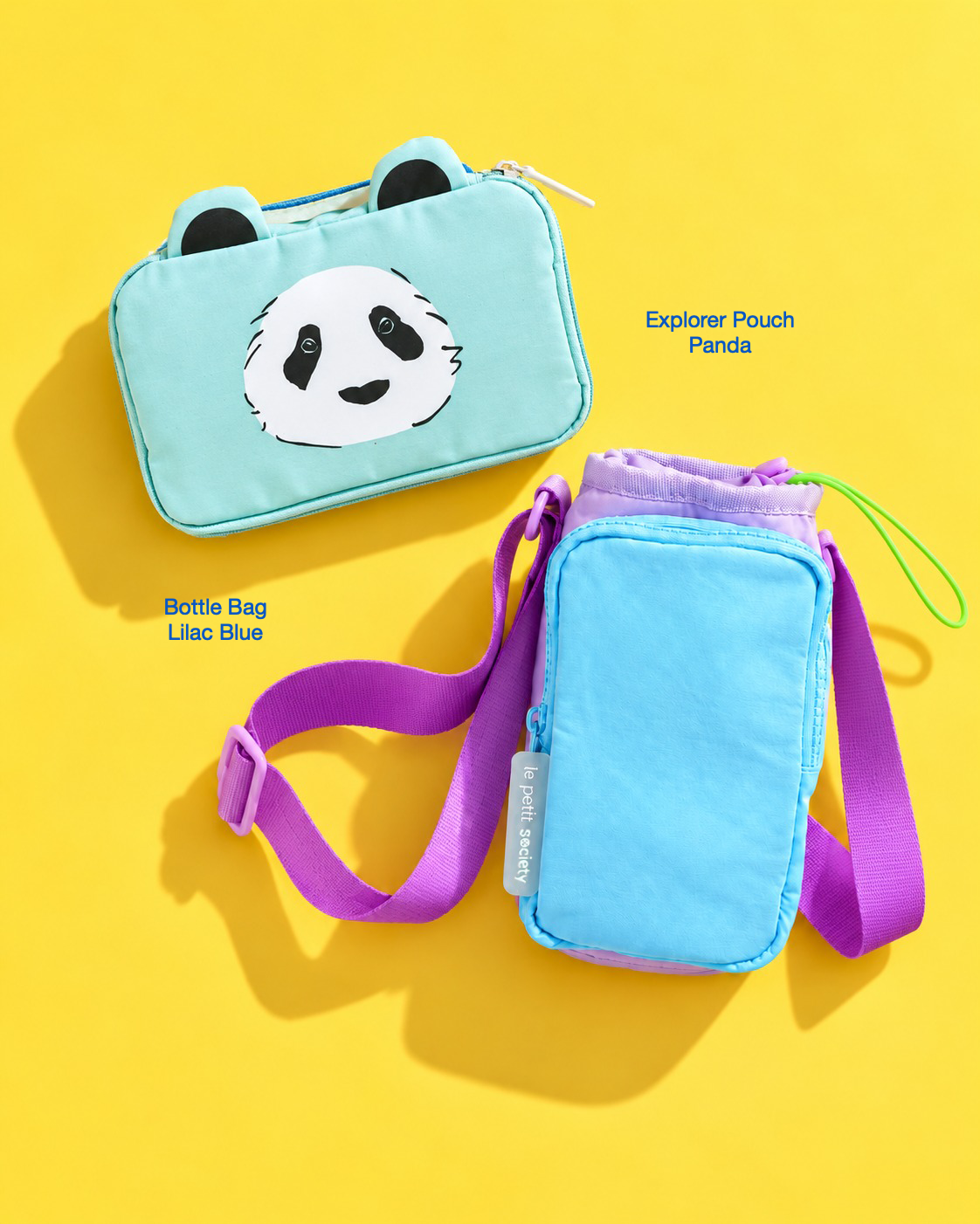 Petit Pair bundle: Explorer Pouch in Panda and Bottle Bag in Lilac Blue