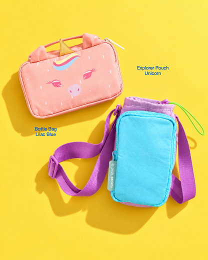 Petit Pair bundle: Explorer Pouch in Unicorn and Bottle Bag in Lilac Blue