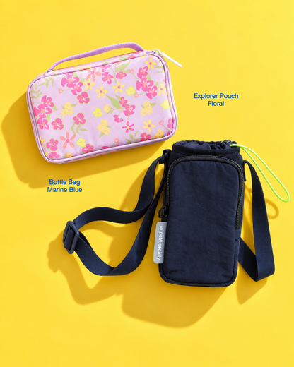 Petit Pair bundle: Explorer Pouch in Floral and Bottle Bag in Marine Blue