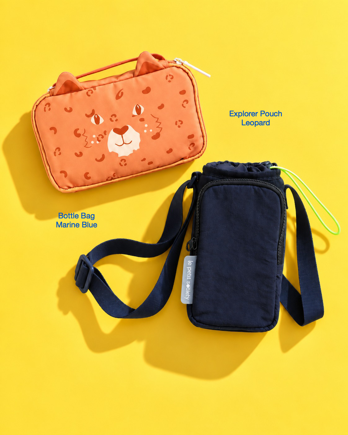 Petit Pair bundle: Explorer Pouch in Leopard and Bottle Bag in Marine Blue