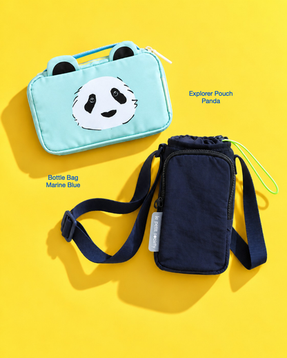 Petit Pair bundle: Explorer Pouch in Panda and Bottle Bag in Marine Blue