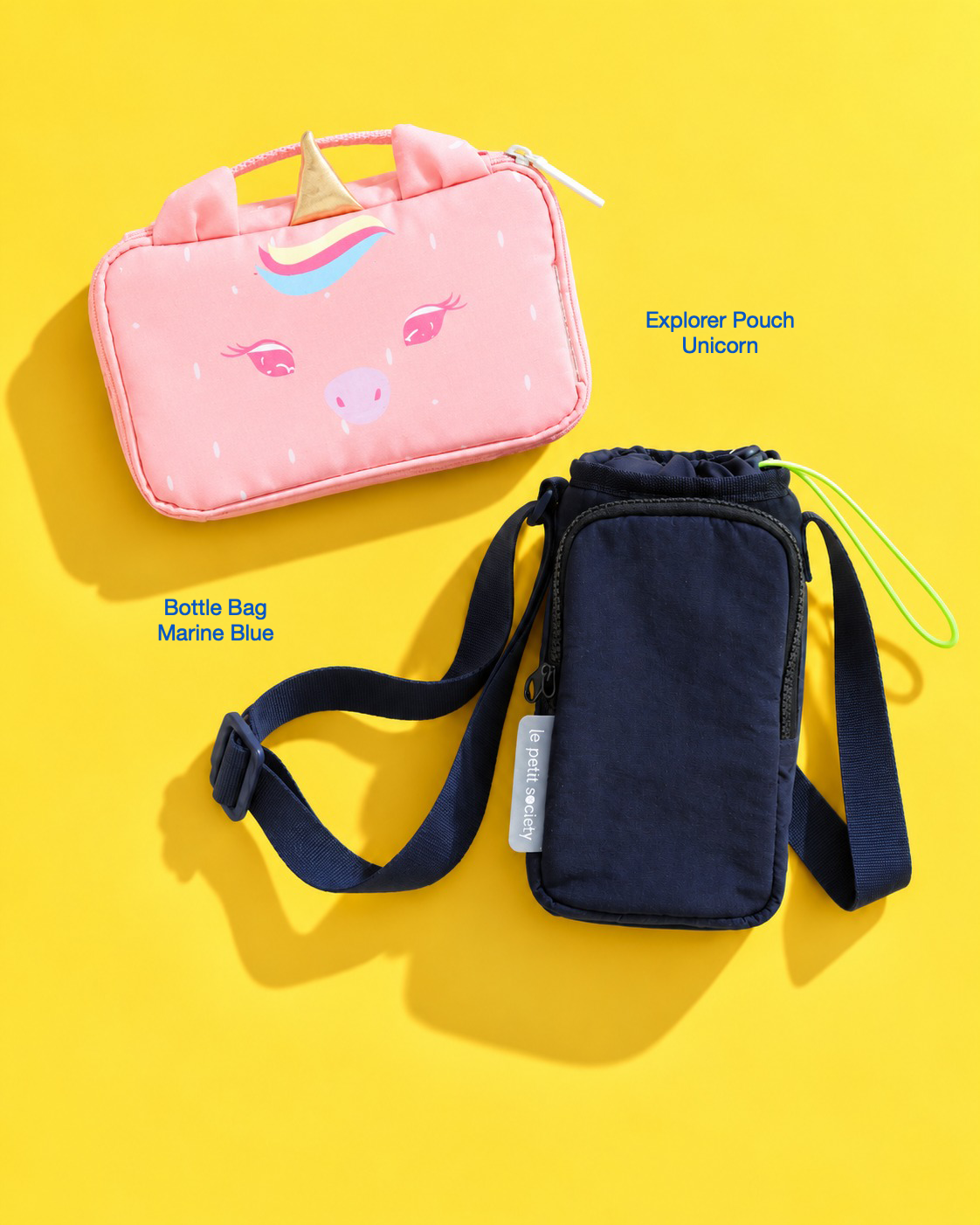 Petit Pair bundle: Explorer Pouch in Unicorn and Bottle Bag in Marine Blue