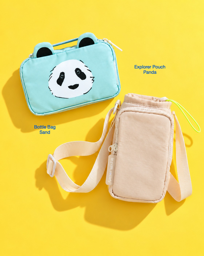 Petit Pair bundle: Explorer Pouch in Panda and Bottle Bag in Sand
