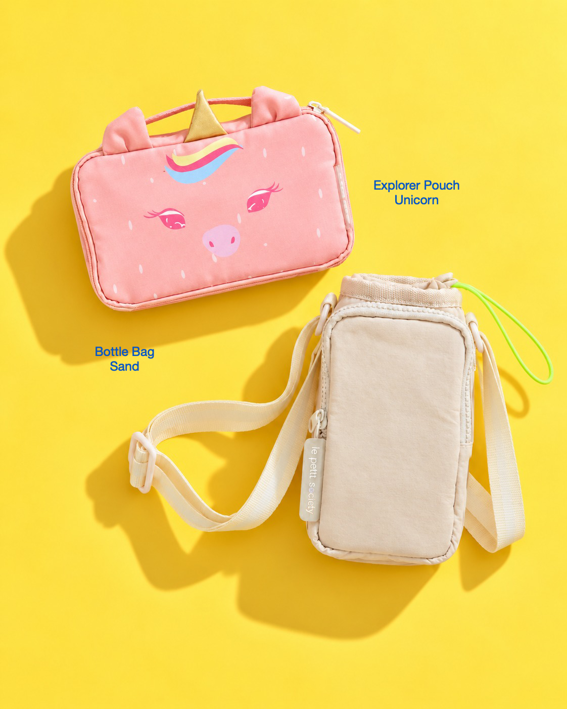 Petit Pair bundle: Explorer Pouch in Unicorn and Bottle Bag in Sand