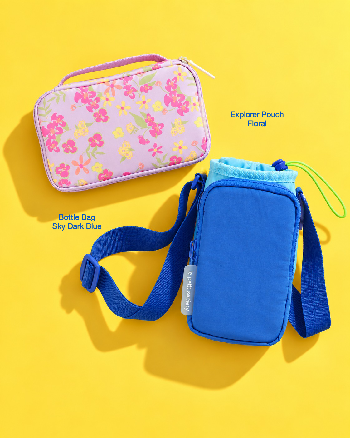 Petit Pair bundle: Explorer Pouch in Floral and Bottle Bag in Sky Dark Blue
