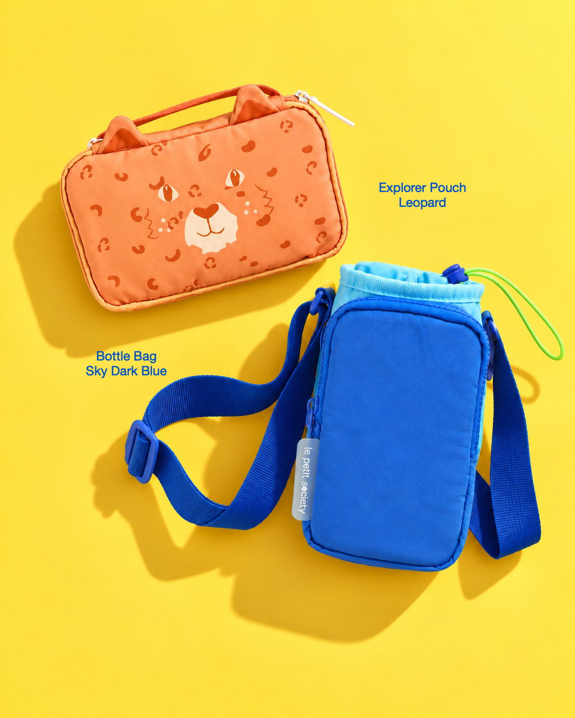 Petit Pair bundle: Explorer Pouch in Leopard and Bottle Bag in Sky Dark Blue