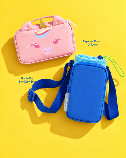 Petit Pair bundle: Explorer Pouch in Unicorn and Bottle Bag in Sky Dark Blue