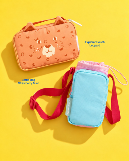 Petit Pair bundle: Explorer Pouch in Leopard and Bottle Bag in Strawberry Mint