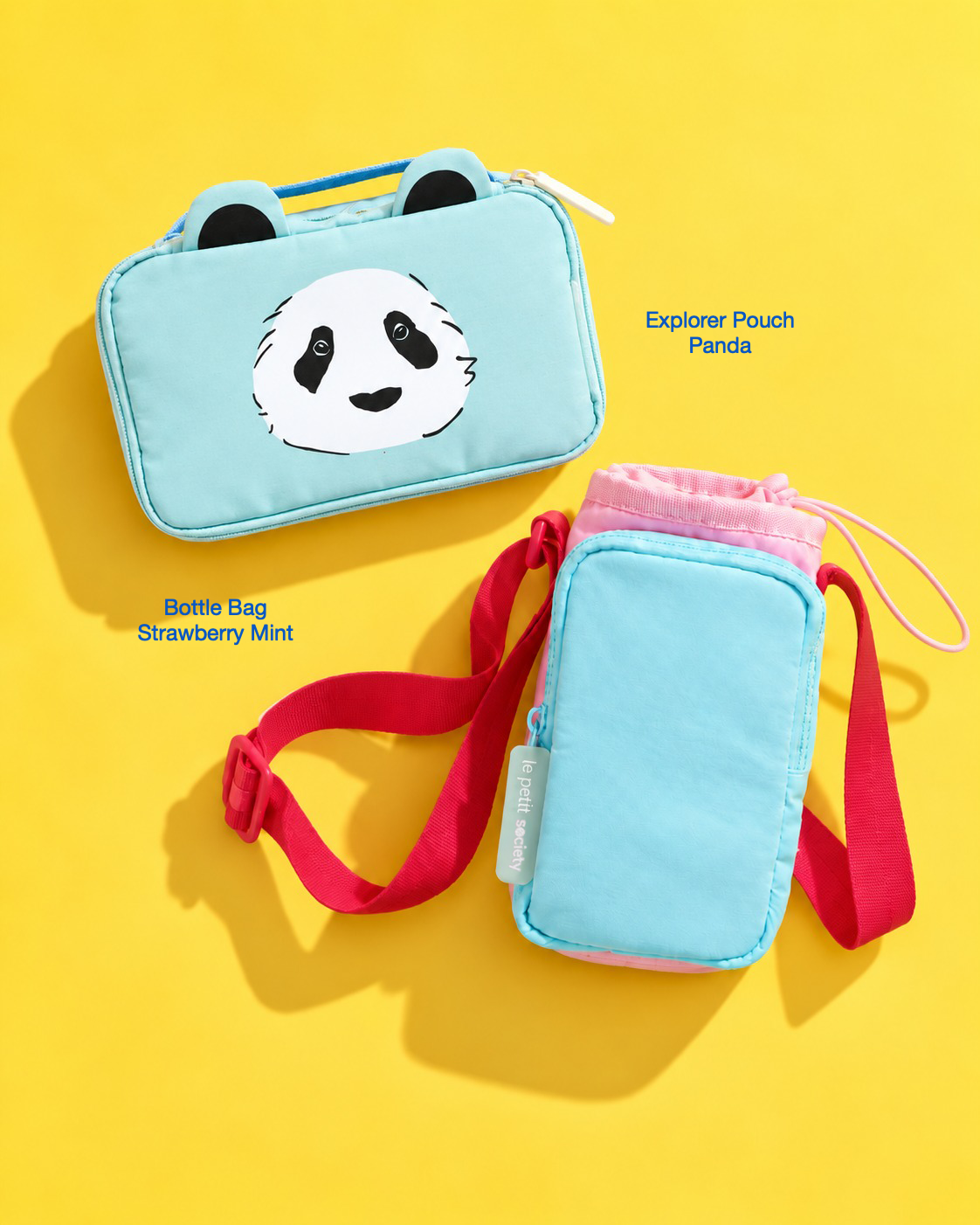 Petit Pair bundle: Explorer Pouch in Panda and Bottle Bag in Strawberry Mint