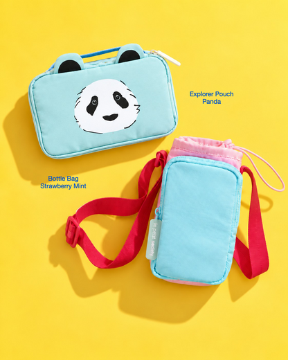 Petit Pair bundle: Explorer Pouch in Panda and Bottle Bag in Strawberry Mint
