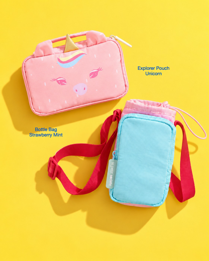 Petit Pair bundle: Explorer Pouch in Unicorn and Bottle Bag in Strawberry Mint