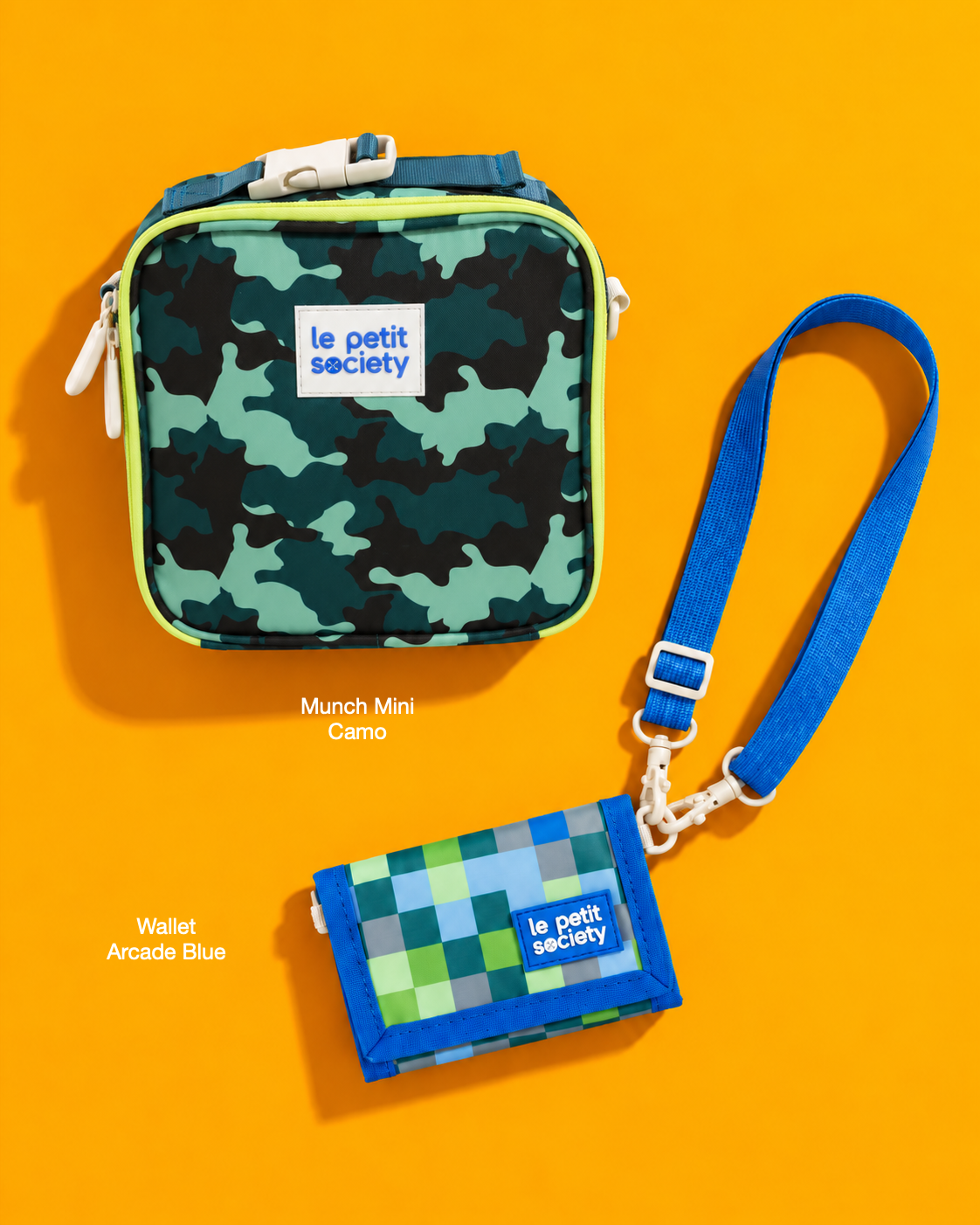 Petit Pair bundle: Munch Mini in Camo and Wallet in Arcade Blue